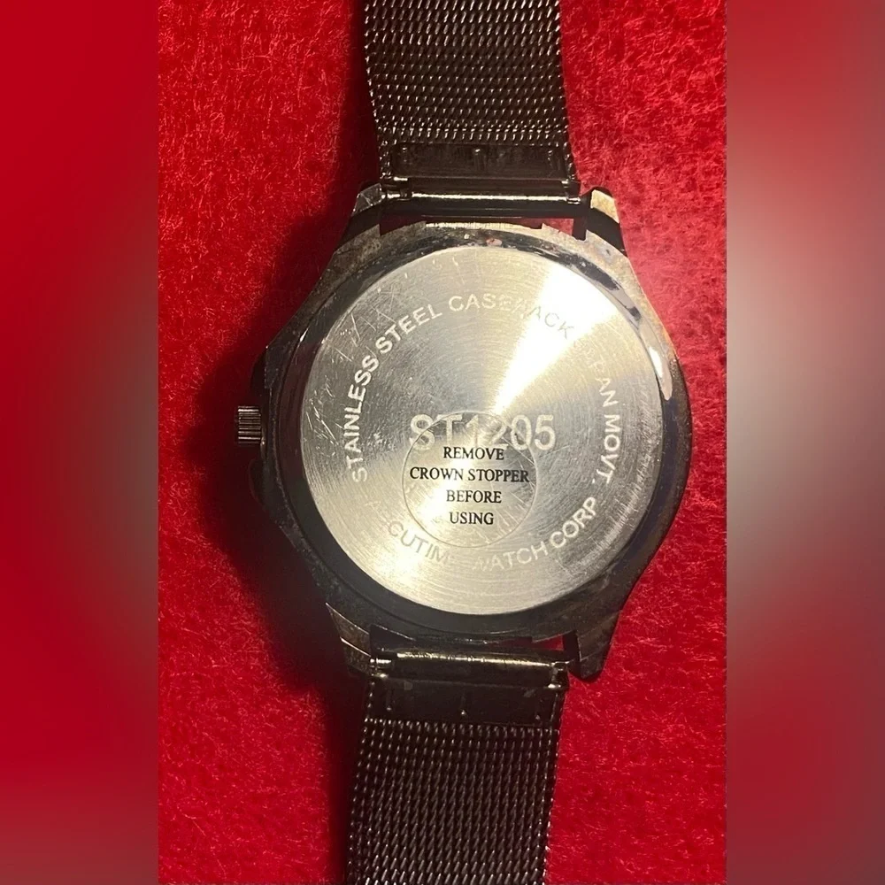 Watch Black Mesh Adjustable New Mother Of Pearl Like Face w/Rhinestones Vintage